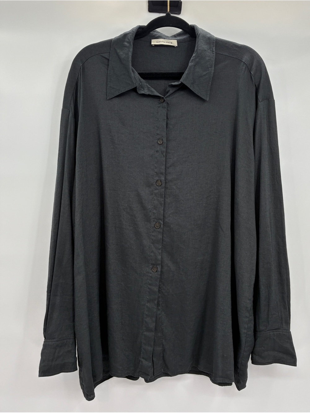 Gentle Herd Women Gray Button Up Linen Blend Lagenlook Oversized Shirt Top Large